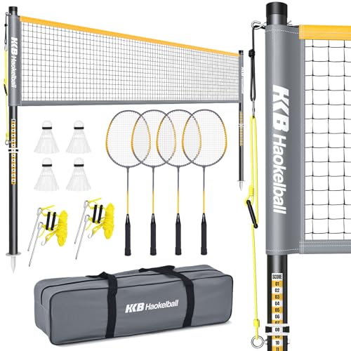 Haokelball Outdoor Badminton Net Set with Anti-Sag Winch System - 20ft Badminton Net, 4 Rackets, 4 Shuttlecocks & Carry Bag, Badminton Set for Backyard, Grass, Beach, Holiday Games - color: Gray