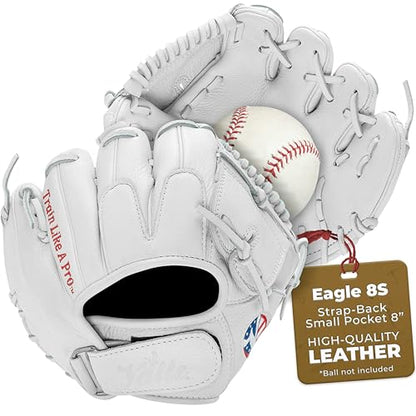 Valle Eagle 8S Strap-Back Small Pocket 8” Baseball Training Glove - Infield Soft Leather Mitt for Fielding - Practice Gear, Softball Trainer, Sports Essentials - Right or Left Hand Throw