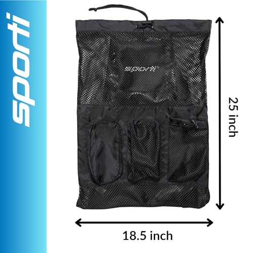 Sporti Swimming Equipment Bag Zipper Pocket, Mesh Drawstring Backpack, Drawstring Bags, Big Mesh Backpack for Workout Gear - color: Equipment - Black, style: 4. Two Shoulders & Pockets