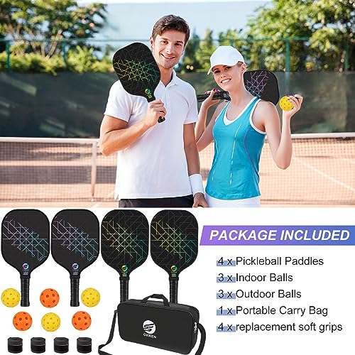 Pickleball Paddles Set of 4, USAPA Approved Carbon Fiber Pickle Ball Paddle (CHS), Polypropylene Honeycomb Core, Anti Slip Sweat Absorbing Grip, 4 Replacement Soft Grip, 6 Pickleball, Bag