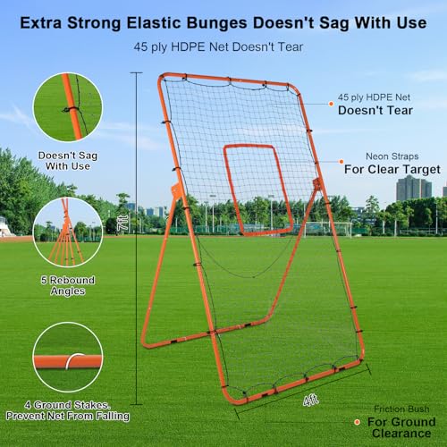 Volleyball Rebounder Net - 4x7ft with 5 Adjustable Angle for Throwing and Pitching Practice,Baseball, Softball and Lacrosse Including a Pair of Wrist Guards