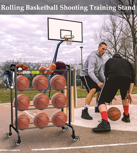 Ball Rack Organizer with Wheels, 4Tier-Rolling Basketball Racks Holder for Balls, Sports Equipment Storage Stand Organizer for Basketball, Football, Soccer and Volleyball, Black