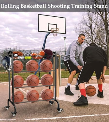 Ball Rack Organizer with Wheels, 4Tier-Rolling Basketball Racks Holder for Balls, Sports Equipment Storage Stand Organizer for Basketball, Football, Soccer and Volleyball, Black