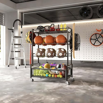SOYEEZE Sports Equipment Organizer- Ball Storage for Garage,4 Tiers Outdoor Toy Storage,Soccer Racks,Basketball Shooting Training Stand Cart with Wheels and Hooks for Home-School and Gym Use - style: 4 Tiers