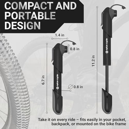 Mini Bike Pump 120 PSI / 8.3 Bar – Compact Portable Frame-Mounted Bicycle Hand Air Pump for Presta and Schrader Valve | Small Manual Tire Tool for Road, Track, Mountain Bike, BMX, Ebike - color: Black