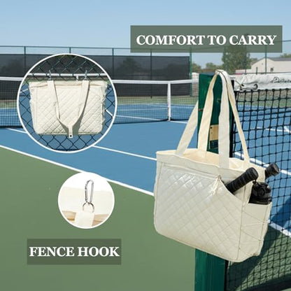 Pickleball Bag Fits 2 to 6 Paddles, Quilted Pickle ball Tote Bags for Women and Men with Shoe Compartment and Fence Hook, Great Pickleball Gifts - color: Beige