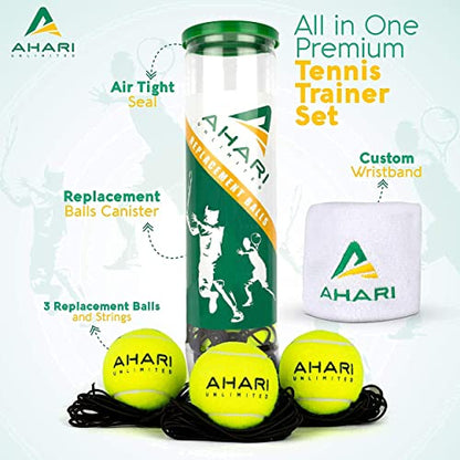 Premium Tennis Trainer Set, Pro Rebounder with Metal Base in a Carrying Cylinder, 3 Replacement Rebound Balls, & Wristband, Portable Tennis Practice Equipment for Solo Training