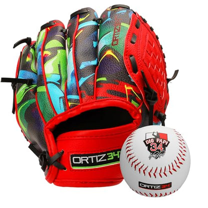 9" Graffiti T-Ball Glove- David Ortiz Graffiti Youth Baseball Glove- Right Hand Throw, Easy to Close, No Break-in Needed, Lightweight, Made for Youth - color: Green/Red