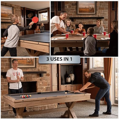 7 FT 3 in 1 Multi Game Pool Table with Dining Top Ping Pong Table Combo, Includes Pool Table Accessories and Tennis Paddles.