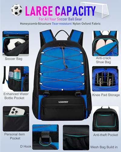 LOINTET Youth Soccer Bag, Soccer Backpack with Ball Compartment, Sports Equipment Training Bags Fits Basketball Football Volleyball and Accessories, Black - color: Blue