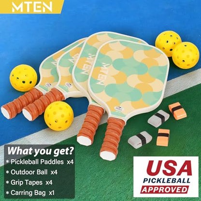 Pickleball Paddles Set of 2 or 4, or Single Paddle – USAPA Approved Fiberglass Surface Pickleball Rackets Set for Men & Women - color: Yellow green*4