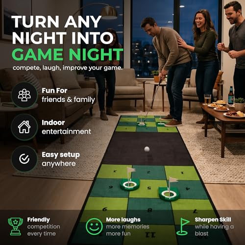 Golf Putting Mat: Indoor Putting Green with 4 Cups and Target Zones - Portable Golf Training Aid and Capture the Cup Putting Game - color: 9ft x 2.5ft Green & Black