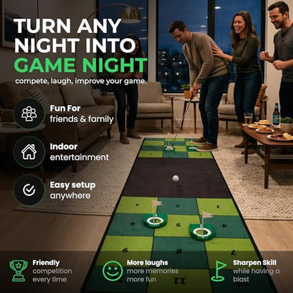 Golf Putting Mat: Indoor Putting Green with 4 Cups and Target Zones - Portable Golf Training Aid and Capture the Cup Putting Game - color: 9ft x 2.5ft Green & Black
