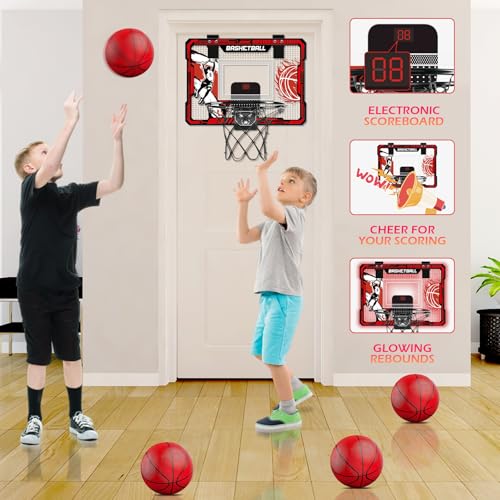 TALGIC Basketball Hoop Indoor, Over The Door Basketball Hoops with LED Lighting, Mini Hoop with Electronic Scoreboard, 4 Balls & Pump, Basketball Gifts for 5 6 7 8 9 10 11 12 Year Old Boys Girls
