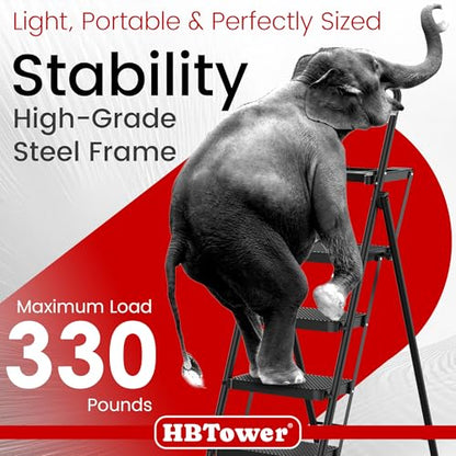 HBTower Step Ladder, Folding Step Stool with Wide Anti-Slip Pedal, Sturdy Steel Ladder, Convenient Handrail, Lightweight, Portable Steel Step Stool - color: Black, size: 4 Step Ladder
