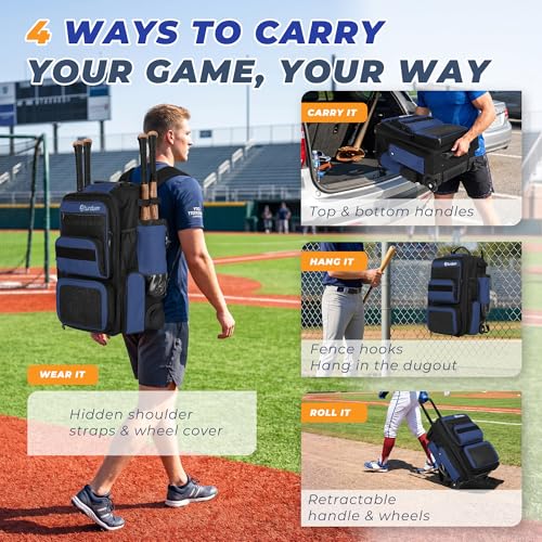 Rolling Baseball Bag with Wheels, 70L Large Capacity Baseball Backpack with Hidden Shoulder Strap, Sturdy Softball Bag with Multi-Pockets, Shoe Compartment, Fence Hooks for Players, Coaches - color: Blue