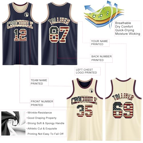 Custom Reversible Basketball Jerseys Men Youth, Personalized Sports Shirts Team Uniforms Printed Name Logo Number - color: Flag Style - Navy and Cream White