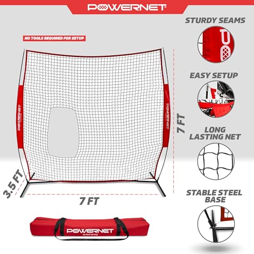 PowerNet 7x7 FT Pitch-Thru Protection Pitching Screen for Softball, 49 Sq Ft Barrier Net Only or Net + Frame, Portable Pitching & Batting Practice Net, Open Area in Net for Ball to Pass Through - style: Net + Frame Bundle