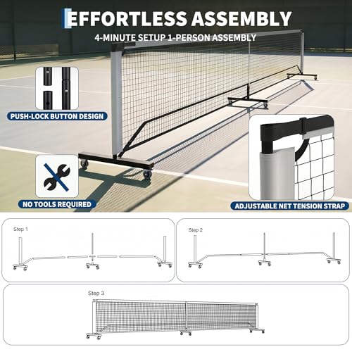 Portable Pickleball Net with Wheels, 22FT Regulation Size Pickle Ball Net, Heavy Duty PE Net with Carry Bag, Easy Setup for Driveway Backyard Outdoor Court