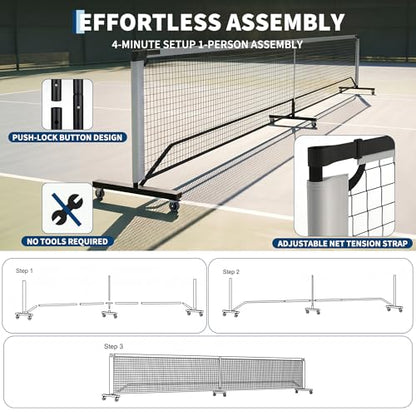 Portable Pickleball Net with Wheels, 22FT Regulation Size Pickle Ball Net, Heavy Duty PE Net with Carry Bag, Easy Setup for Driveway Backyard Outdoor Court