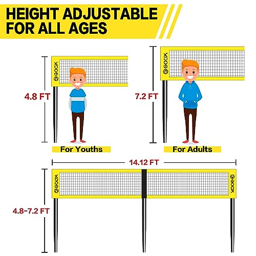 GOOX 4 Square Volleyball Net Game Set, 14 FT 4-Way Volleyball Net for Backyard Beach Lawn, Portable Four Square Volleyball Net for Adults & Youths with Vollyball, Pump, Carry Bag