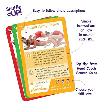 Shuffle Up Gymnastics Card Games - 70+ Fun & Active Skills Cards for Kids, Fitness Cards Develop Fundamentals, Stamina & Strength, Easy to Play for Kids | Multiple Skills Level Card Include 2 Dices - style: Gymnastics Card Games