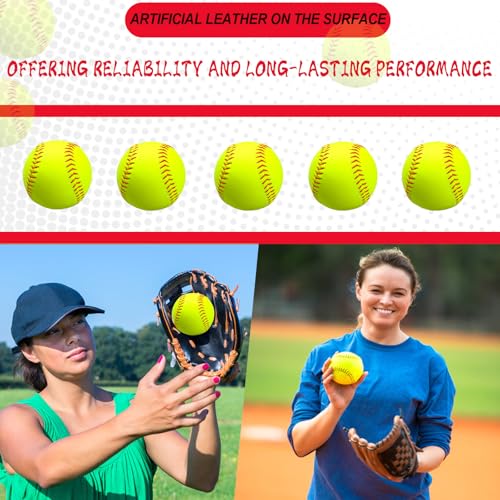 20 Pack Sports Practice Softball with Mesh Bag Unmarked Leather Covered Official Size and Weight Slowpitch Softball Youth Fastpitch Softball Ball Yellow Training Ball for Game and Training