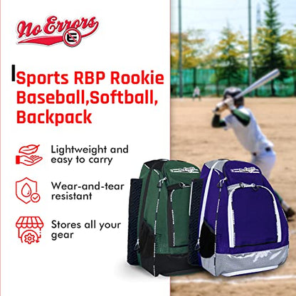 No Errors Sports RBP Rookie Baseball and Softball Backpack - Youth Baseball and Softball Bat Bag with Fence Hooks - Baseball and Softball Equipment Bag for Kids - color: Purple