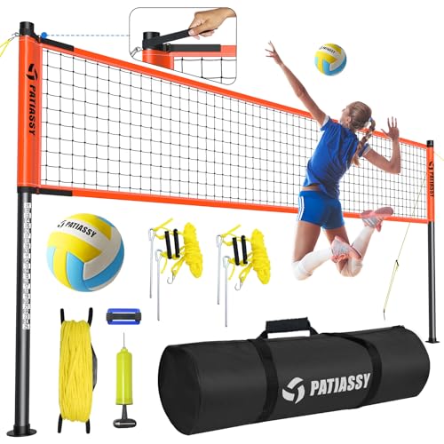 Outdoor Volleyball Net System, 32FT Regulation Size Anti-Sag Net, Quick Setup Adjustable Height Poles, Volleyball Set with Pump, Hammer, Boundary Line and Carry Bag for Backyard Beach Lawn - color: C-Orange