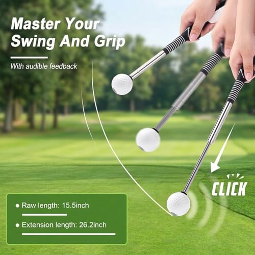 Retractable Golf Swing Trainer with Click Sound & Posture Correction Arm Band, Golf Grip Trainer for Right-Handed, Indoor & Outdoor Training Aid for Beginners to Pros