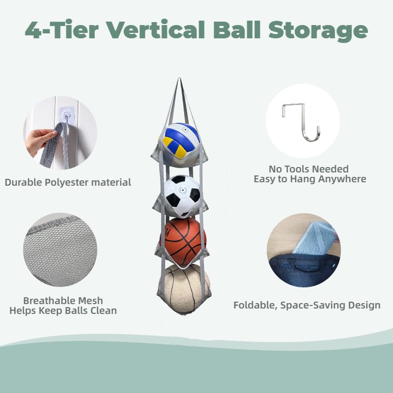4-Tier Mesh Ball Storage Organizer, Basketball Holder for Garage, Sports Ball Storage for Basketballs, Toys and Snacks