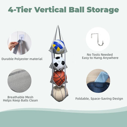 4-Tier Mesh Ball Storage Organizer, Basketball Holder for Garage, Sports Ball Storage for Basketballs, Toys and Snacks