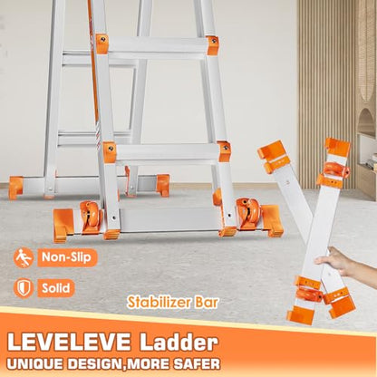LEVELEVE A Frame 5 Step Ladder, 17FT Extension Ladder with Stabilizer Bar & Wheels,330 lbs Security Load Multi Position Ladder for Stairs Home Indoor Outdoor Roof