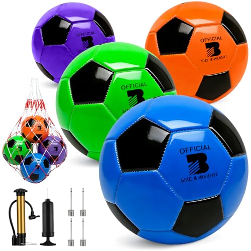 4 Pack Soccer Balls Size 5/4/3 Bulk with Pump, Carry Net, Needles - Pelota De Futbol Official Size Training Practice & Match Ball - Ideal Soccer & Birthday Gift - color: Color-Black, size: Size 3