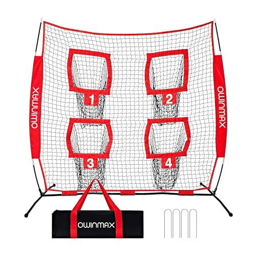 6x6 ft Football Trainer Throwing Net, Training Target Practice with 4 Targets, Includes Carry Bag and Ground Stake, Black and Red, Great for Kids and Youth - color: Red