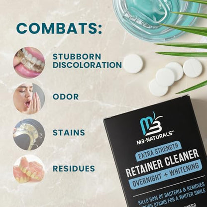 Overnight + Whitening Retainer Cleaner, Remove Stains, Discoloration, and Plaque | 4 Month Supply | Denture Cleanser with Whitening Boost,120 Tablets by M3 - size: Overnight Whitening (120 Count)