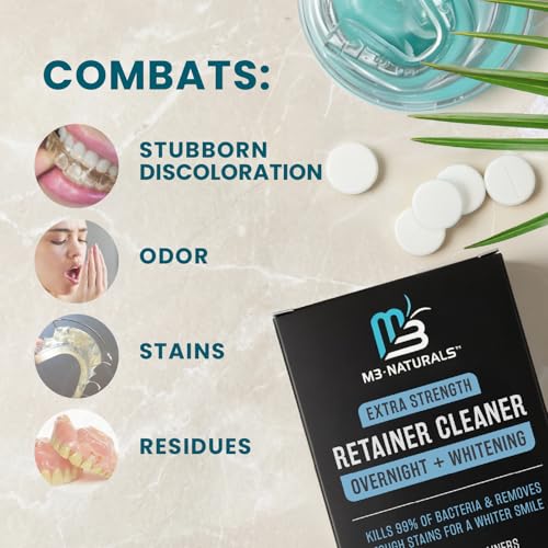 Overnight + Whitening Retainer Cleaner, Remove Stains, Discoloration, and Plaque | 4 Month Supply | Denture Cleanser with Whitening Boost,120 Tablets by M3 Naturals (Pack of 2) - size: Overnight Whitening (120 Count) (Pack of 2)