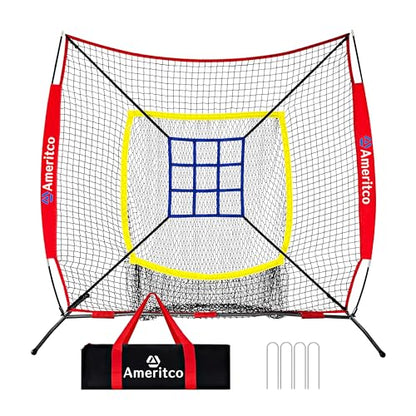 7x7ft Baseball Net with Strike Zone, Large Pocket Baseball Training Net for Hitting/Batting/Pitching/Throwing,Scratch Resistant Base,Indoor/Outdoor Versatile Use for All Levels