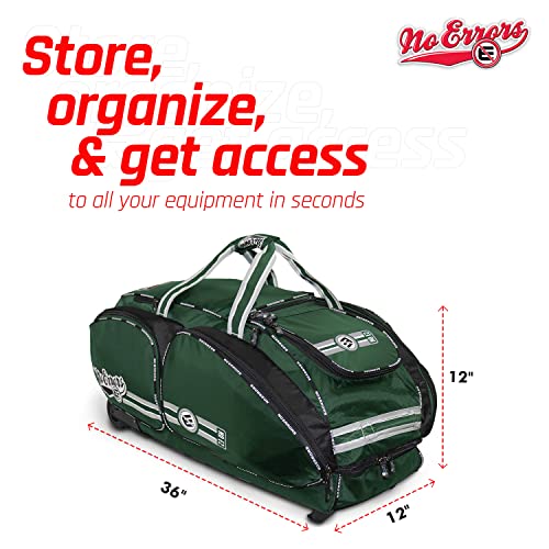 No Errors NO E2 Wheeled Catchers Gear Bag - Large Baseball and Softball Bag for Catcher’s Equipment with Fatboy Wheels - color: Green