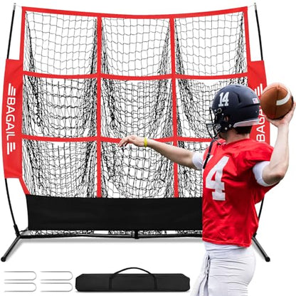 BAGAIL Football Throwing Net - 5 or 9 Target Pockets, Easy Setup, Heavy-Duty - Portable QB Accuracy Trainer, Fun Target Practice Net for Football with Carry Bag - color: Red, style: 5'x5' - 9 Pockets