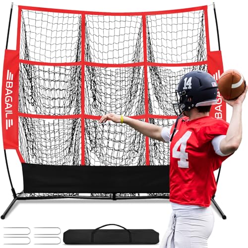 BAGAIL Football Throwing Net - 5 or 9 Target Pockets, Easy Setup, Heavy-Duty - Portable QB Accuracy Trainer, Fun Target Practice Net for Football with Carry Bag - color: Red, style: 5'x5' - 9 Pockets
