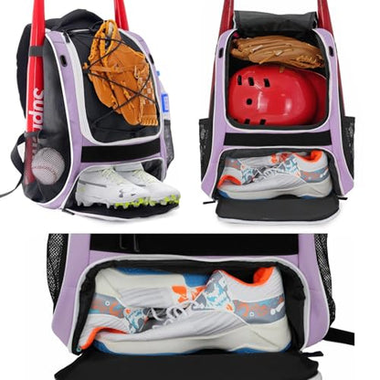 WOLT Youth Baseball Bag - Bat Backpack for Baseball, T-Ball & Softball Equipment & Gear, Bat & Glove Holder, Large Main Compartment for Helmet & accessories, Separate Shoes Compartment, Fence Hook - color: Lightpurple