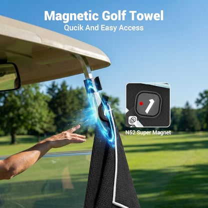 4-in-1 Magnetic Golf Towel with Brush & Cleaning Pocket - Premium Construction Golf Towel- Super Strong Golf Club Cleaner- Microfiber Waffle Design-15.7" X 23.6" Golf Accessories and Gifts for Men - color: Black