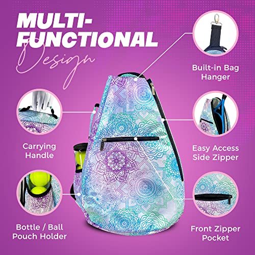 Womens Tennis Backpack - Taboo Fashions Ladies Tennis Bag Holds Two Racquets, Padded Straps and Side Carry Handle - color: White, Purple, Blue, Green