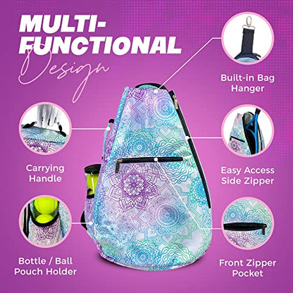 Womens Tennis Backpack - Taboo Fashions Ladies Tennis Bag Holds Two Racquets, Padded Straps and Side Carry Handle - color: White, Purple, Blue, Green