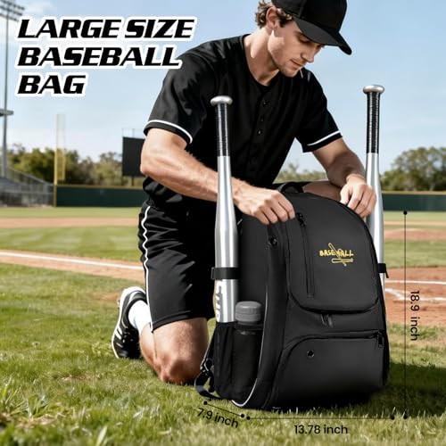 Youth Baseball Bag, Lightweight Softball Bag with Shoes Compartment, Baseball Backpack with Fence Hook for TBall Bat & Equipment - color: Black