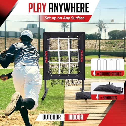 ZEALFEEL Baseball Pitching Net with 9 Hole Target & Strike Zone, 5 Height Adjustable Softball Throwing Trainer, Heavy Duty Portable Pitching Net