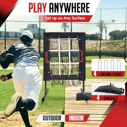 ZEALFEEL Baseball Pitching Net with 9 Hole Target & Strike Zone, 5 Height Adjustable Softball Throwing Trainer, Heavy Duty Portable Pitching Net