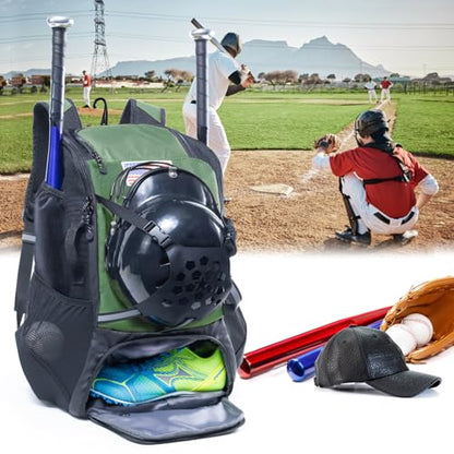 Baseball Backpack for Youth, Boys, Adults - Bat and Softball Equipment Bag With Glove Holder, Helmet, Shoes Compartment - T-Ball Accessories and Baseball Gifts - color: Hunter Green - 42L
