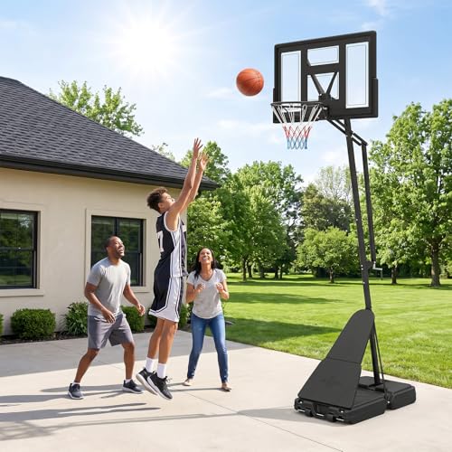 Goplus Outdoor Basketball Hoop, 7.7-10 FT Height Adjustable Tool-Free Basketball Goal System with 43 Inch PC Backboard, Rebound Board, Portable Wheels for Adults in Court, Backyard, Driveway